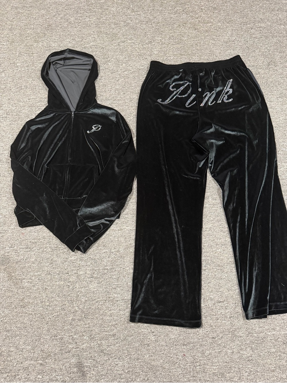PINK Victoria's Secret Black Velour Hoodie & Jogger Set XL